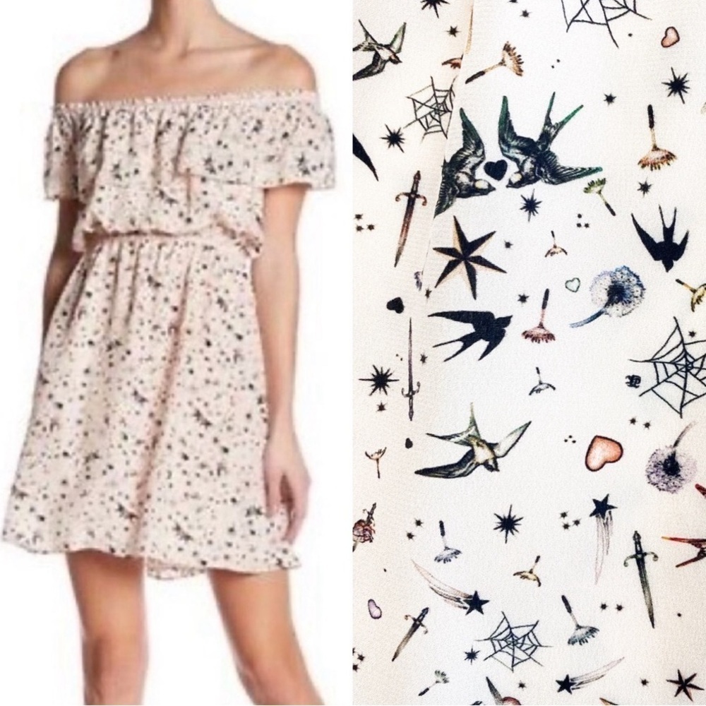 The Kooples Tattoo Print Off The Shoulder Silk Mini Dress Sz Xxs Nwot